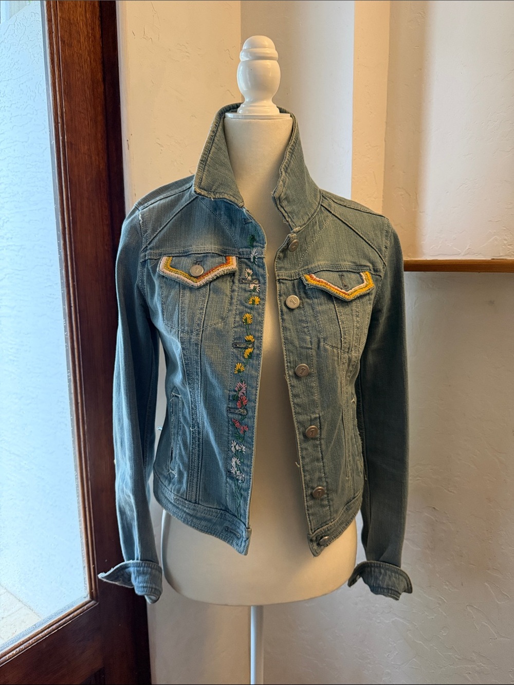 Anthropologie Light Blue Denim Jacket with Yellow Trim & Floral Embroidery